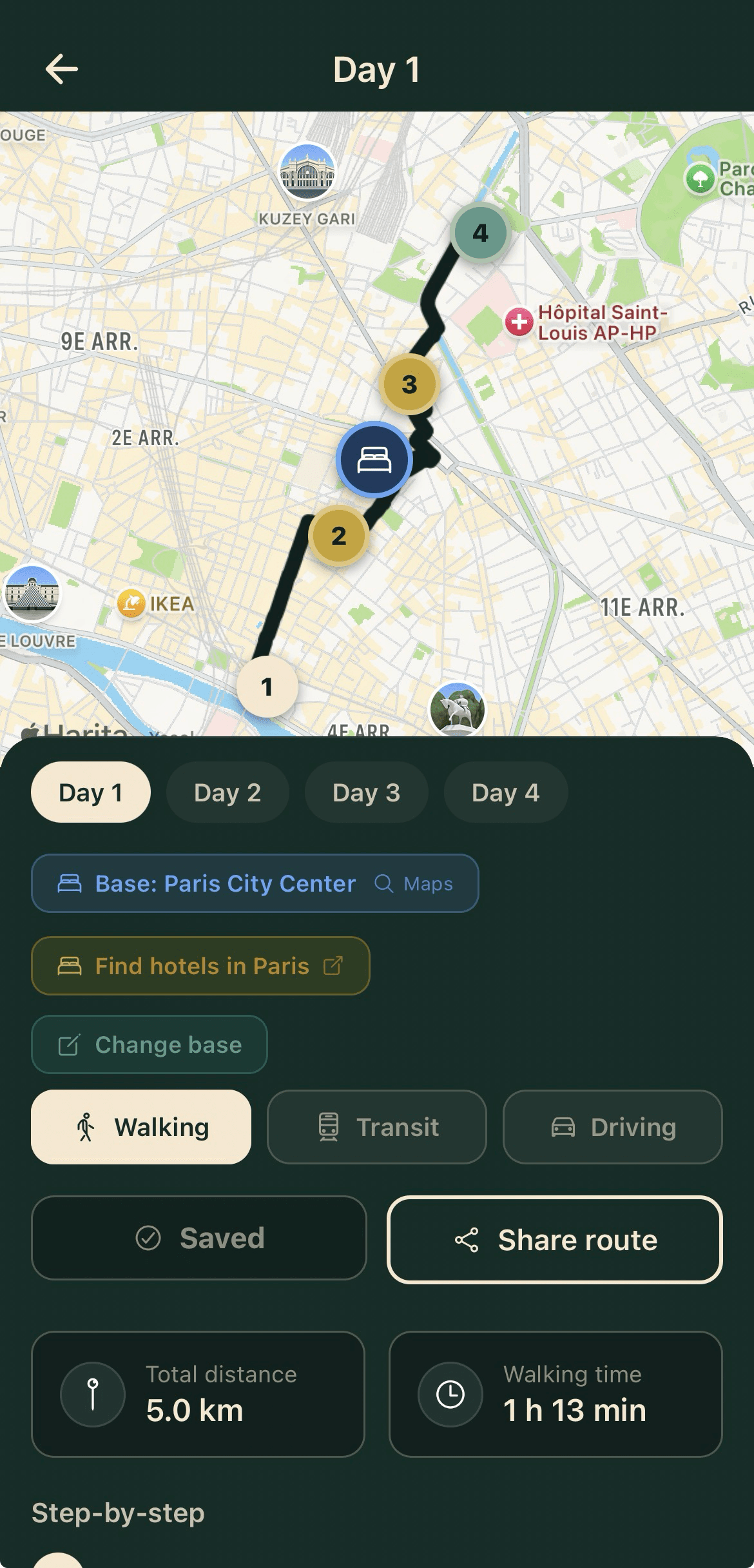 4-stop Paris trip navigation screen in the Kayt app