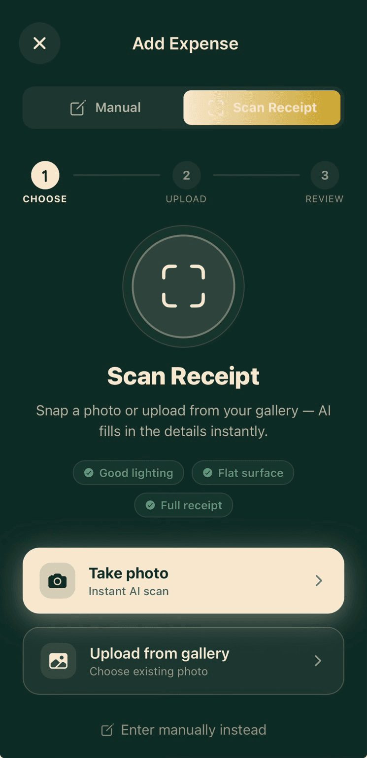 Receipt scanning flow in the Kayt app
